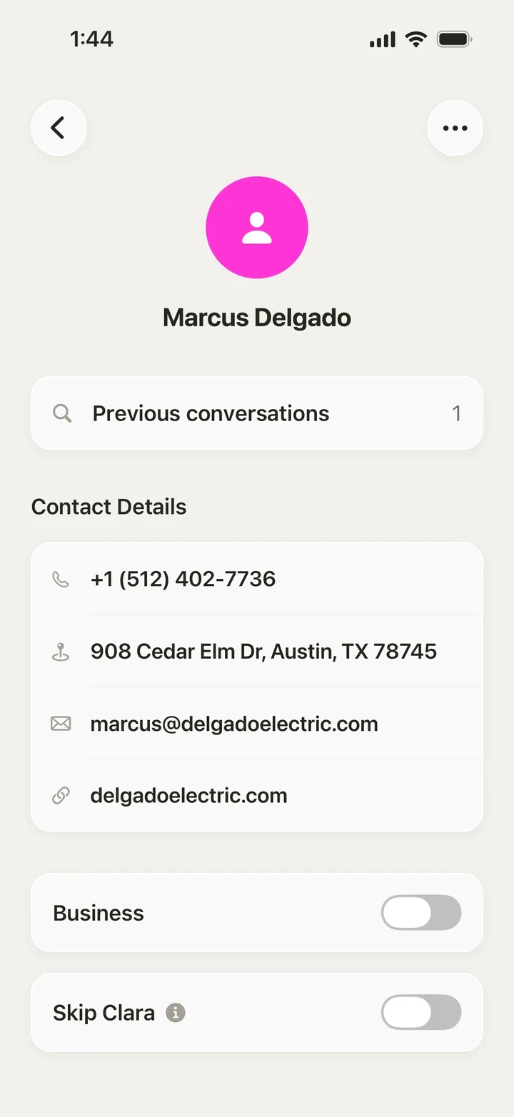 A Clara contact screen showing the caller’s number, address, email and website