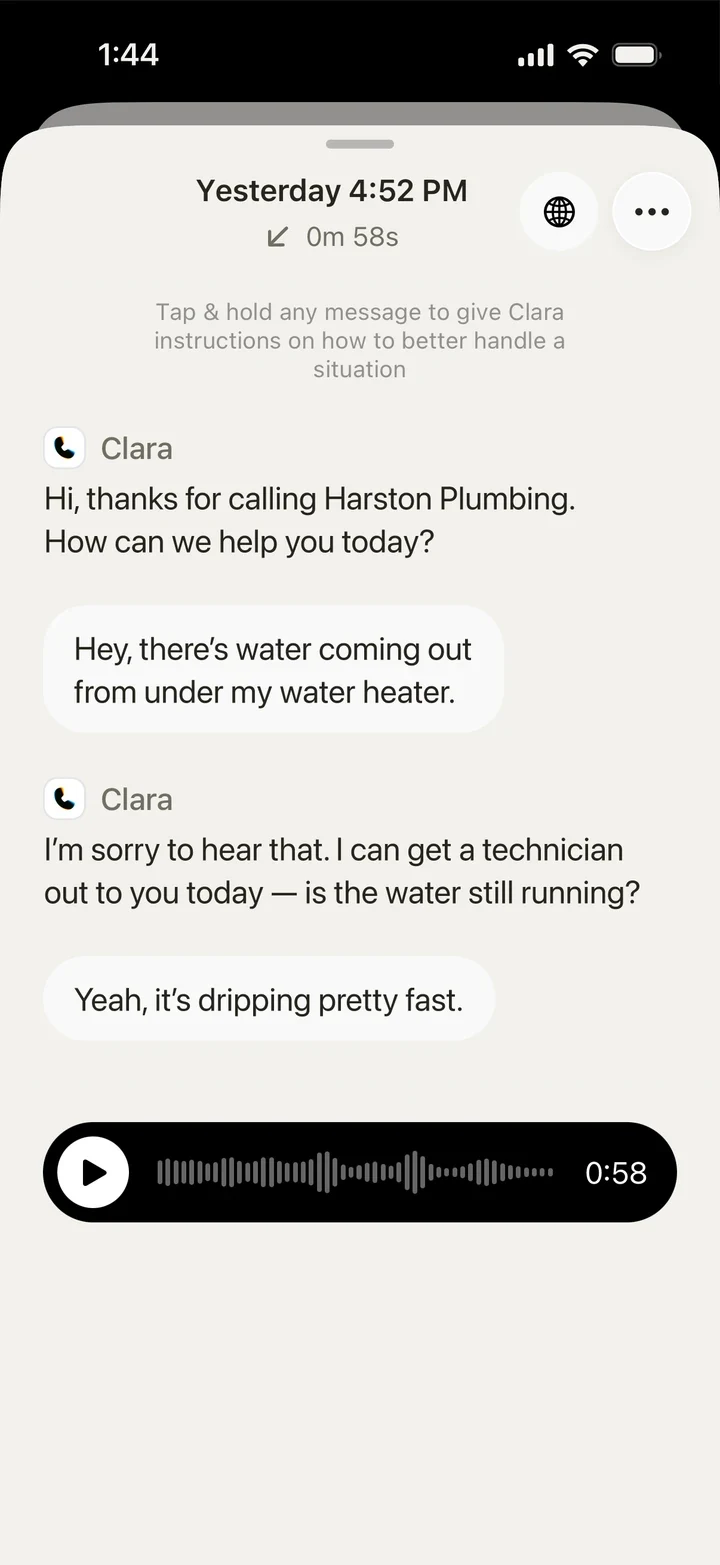 A Clara call transcript with the recording below it