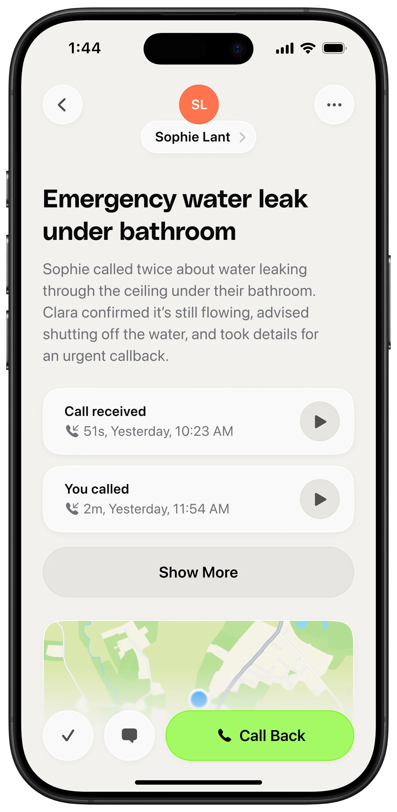 A Clara call summary showing the caller's request, intake answers, and a call back button