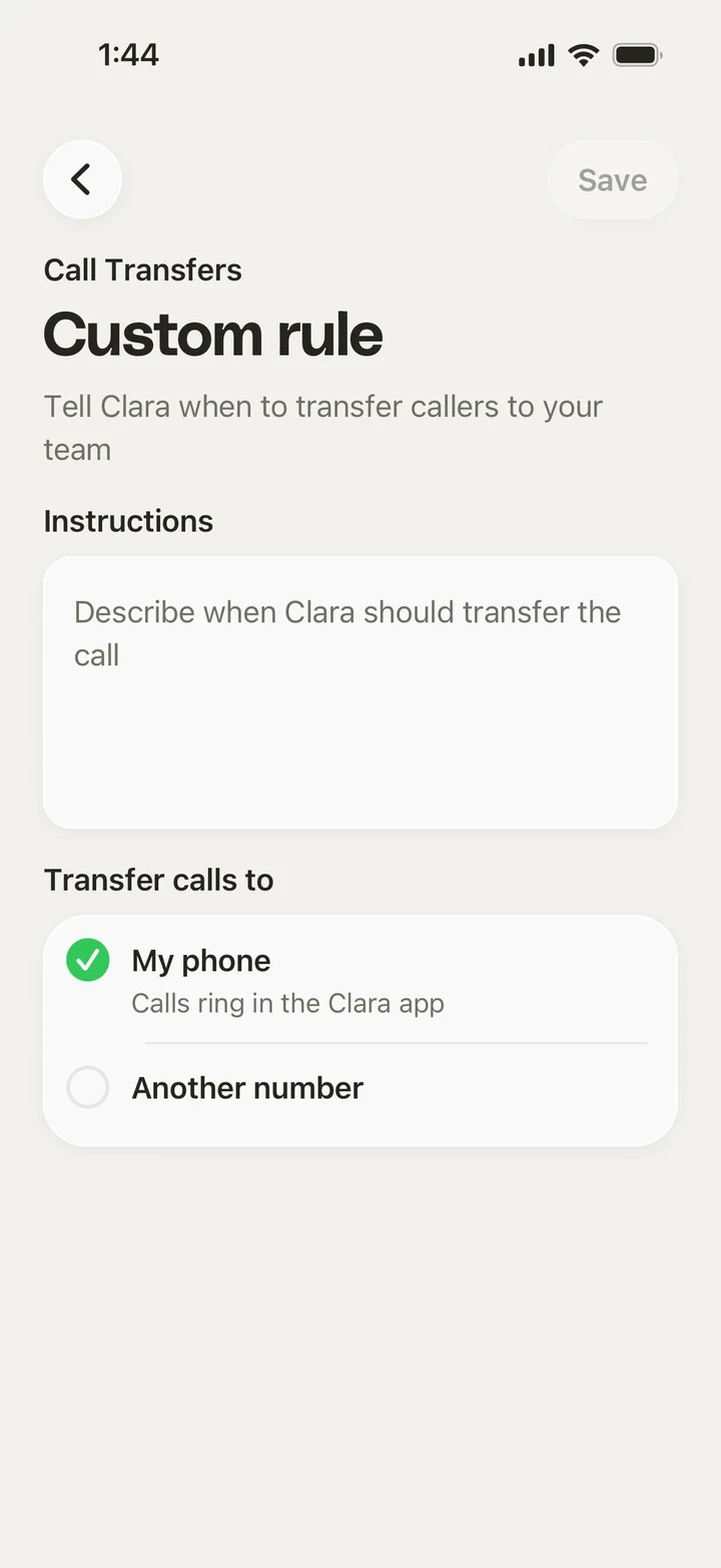La pantalla de transferencias de Clara para una regla personalizada, y el número al que se transfiere