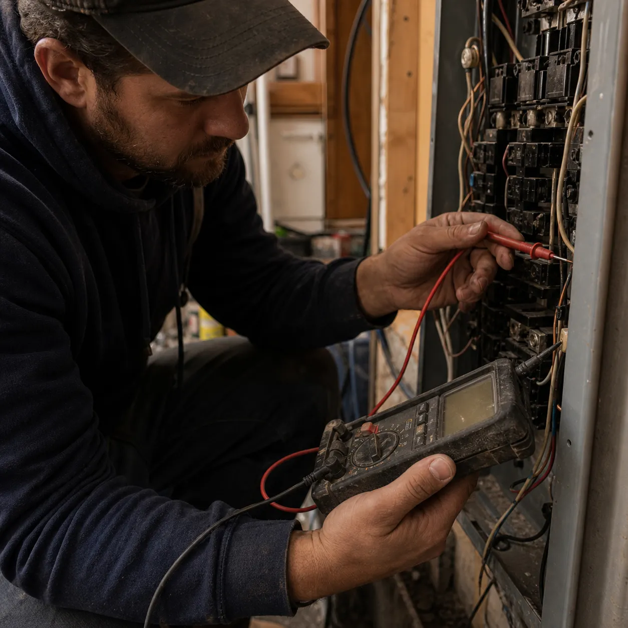 Electrician using both hands and a multimeter to test a residential breaker panel