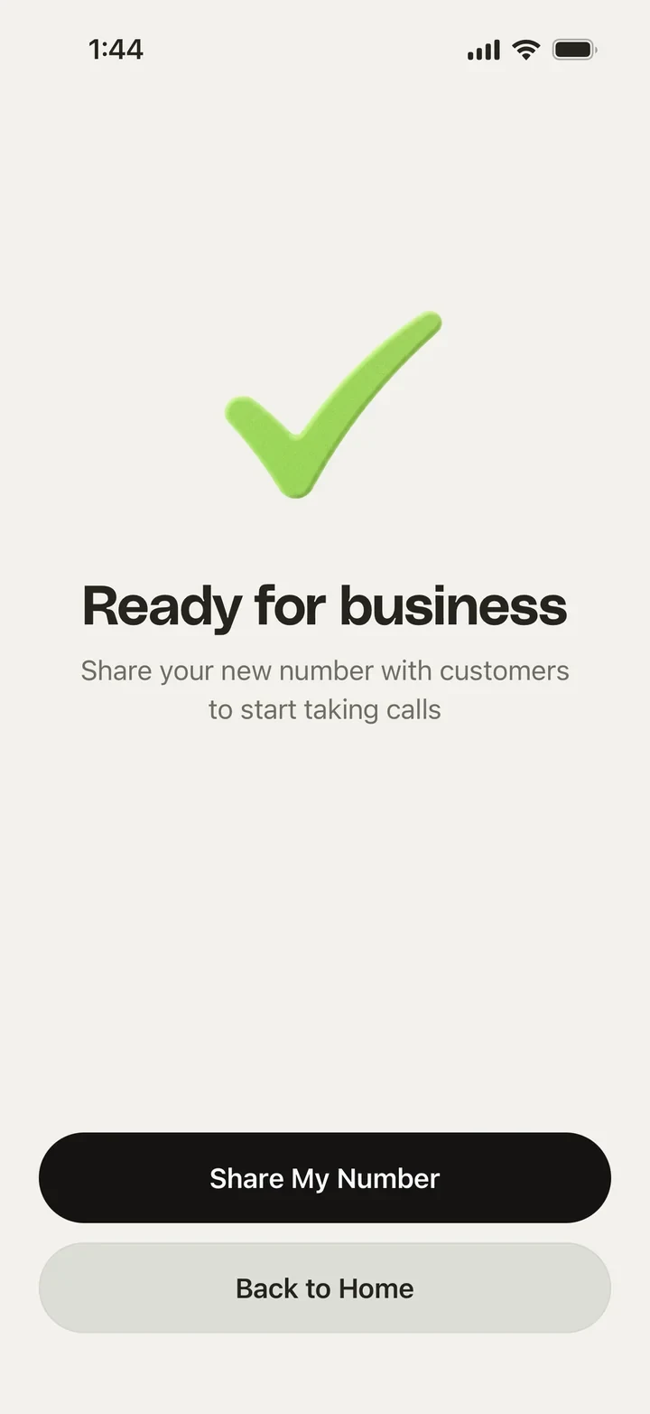 The Clara app confirming your new number is ready for business