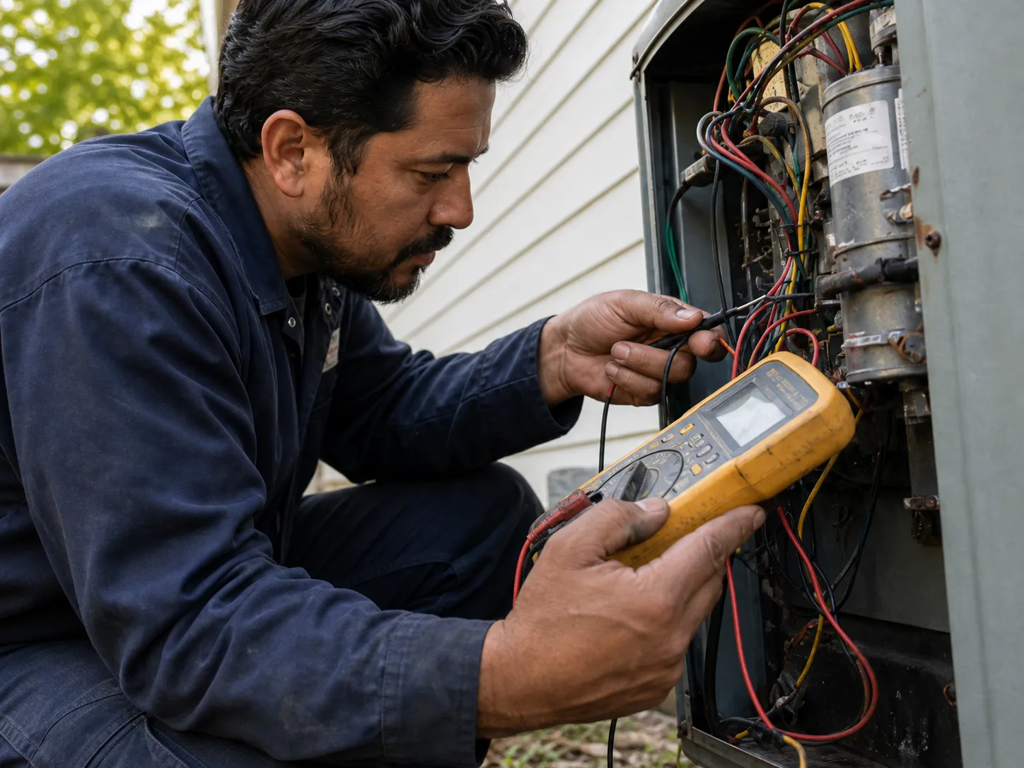 HVAC technician servicing a residential condenser unit