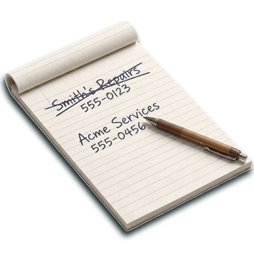 Notepad with handwritten job notes and a pen