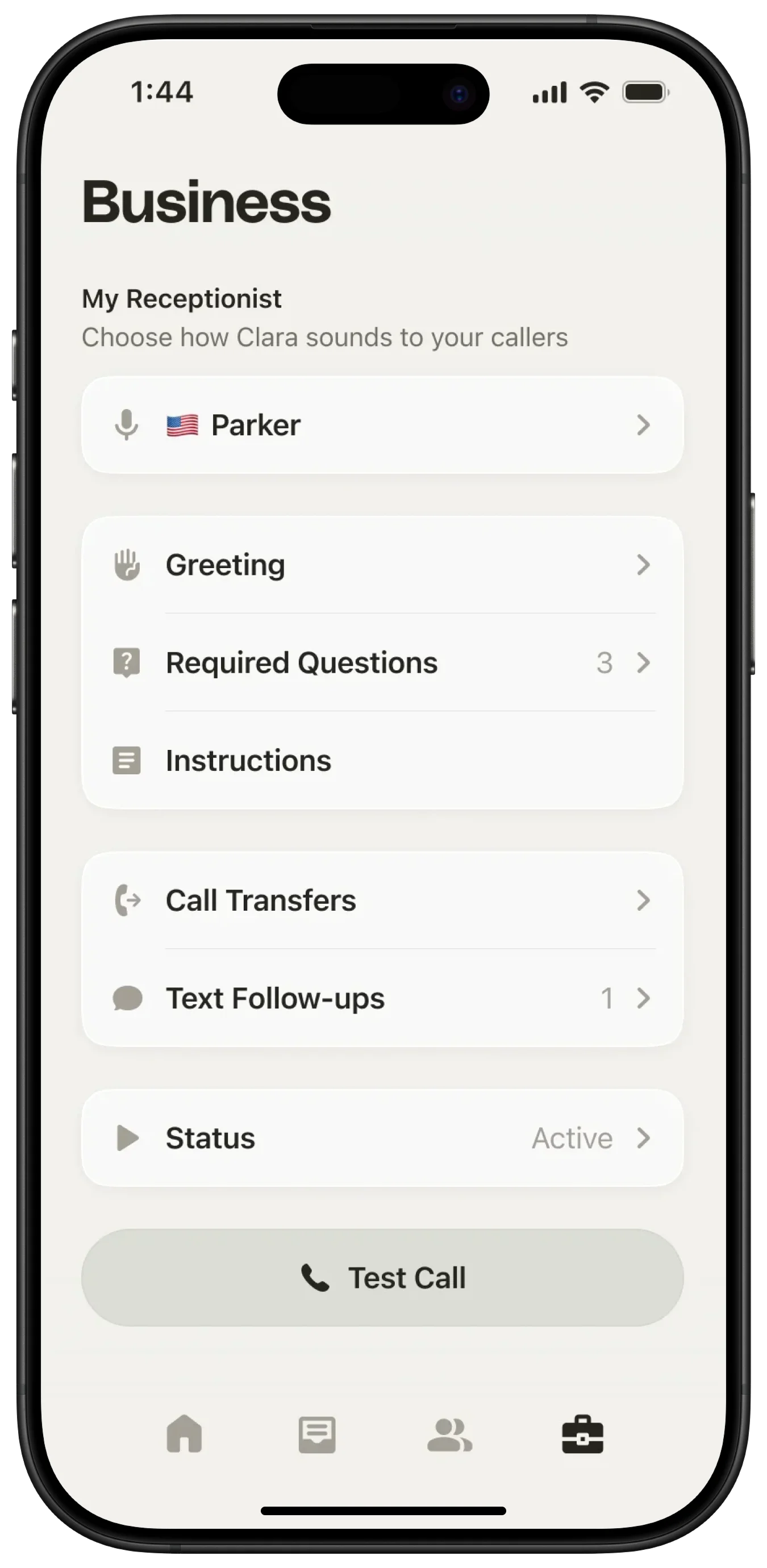 Clara's receptionist settings showing greeting, required questions, instructions, and a test call button
