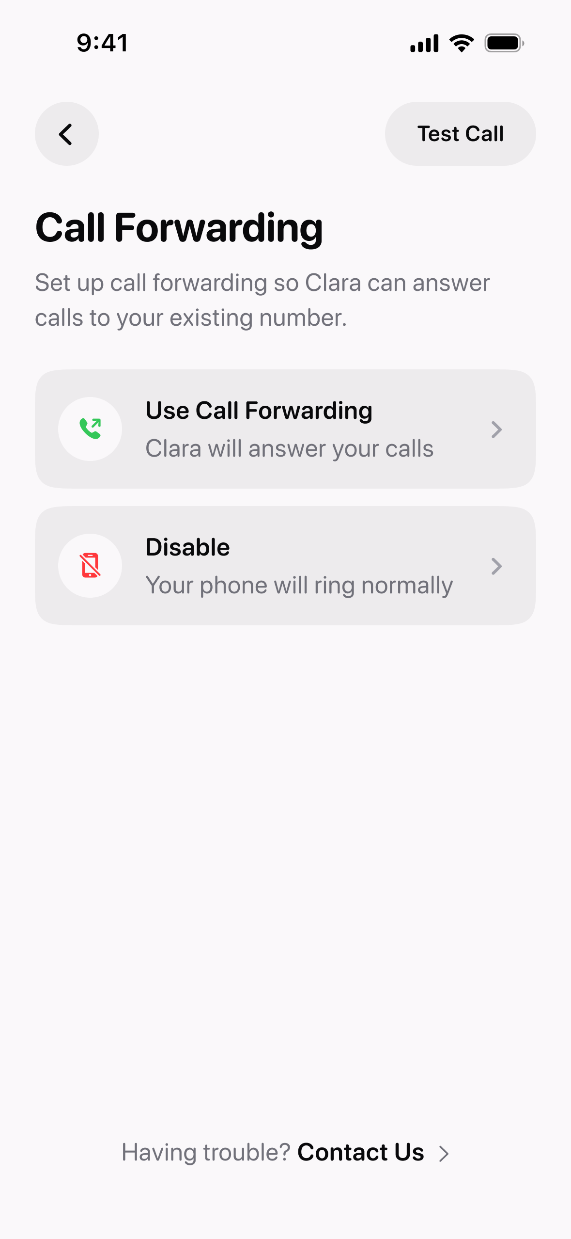 The Call Forwarding settings screen in Clara