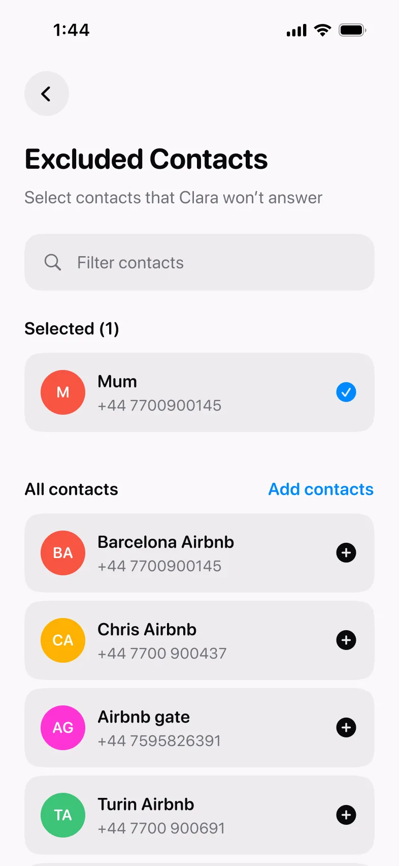 Selecting a contact to exclude in Clara