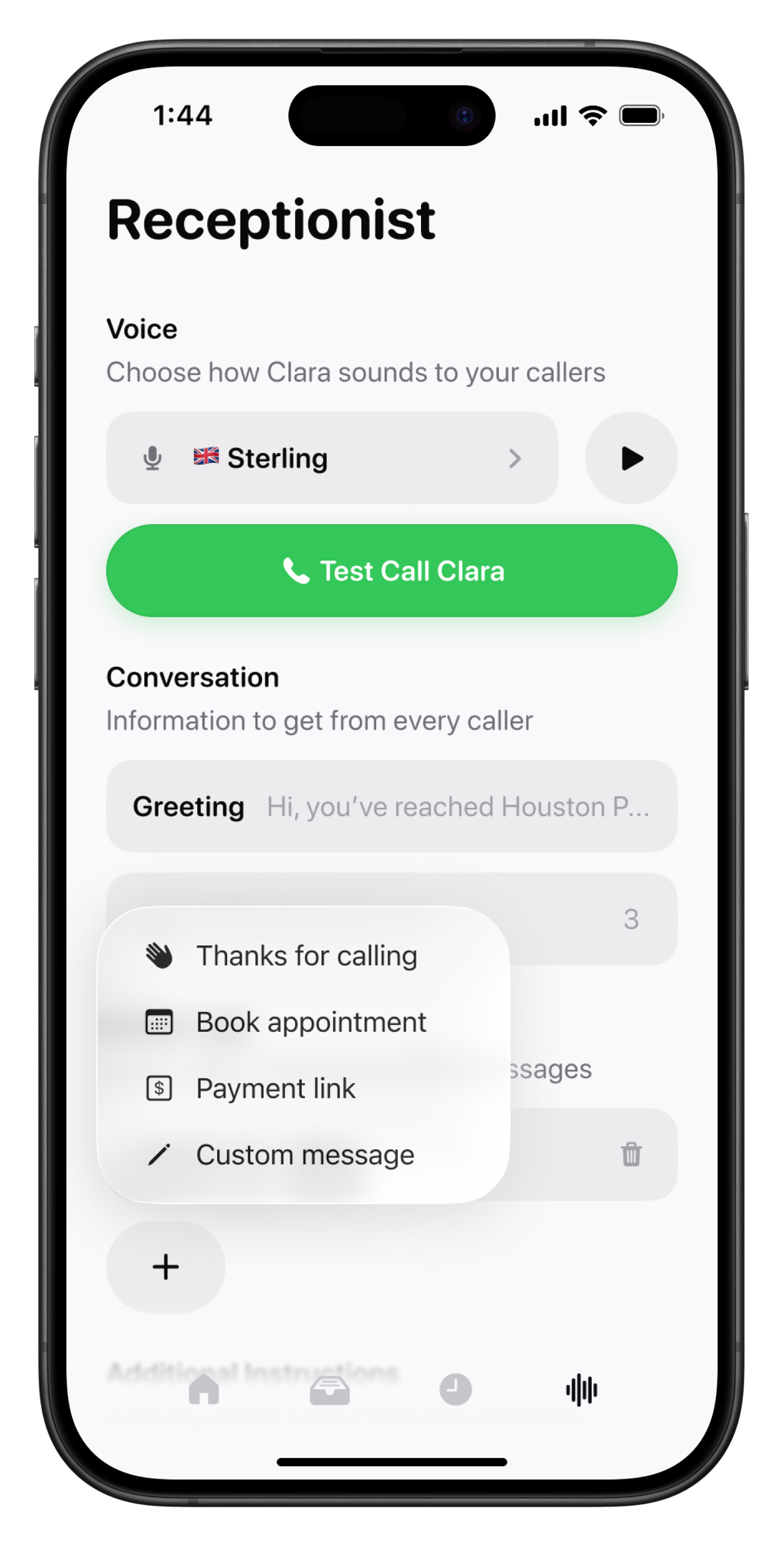Choosing a follow-up type: Thanks for calling, Book appointment, Payment link, or Custom message