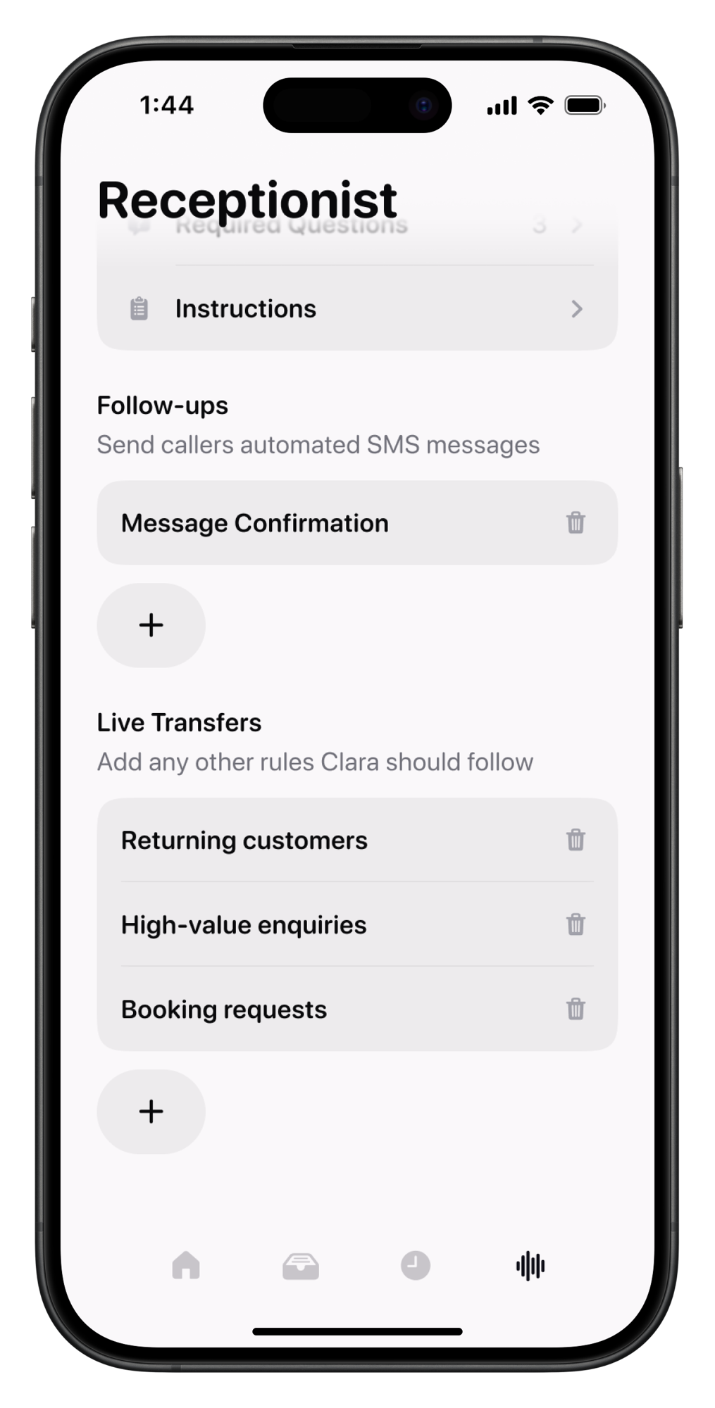 The Live Call Transfers section in Clara's Receptionist settings, showing a list of transfer rules
