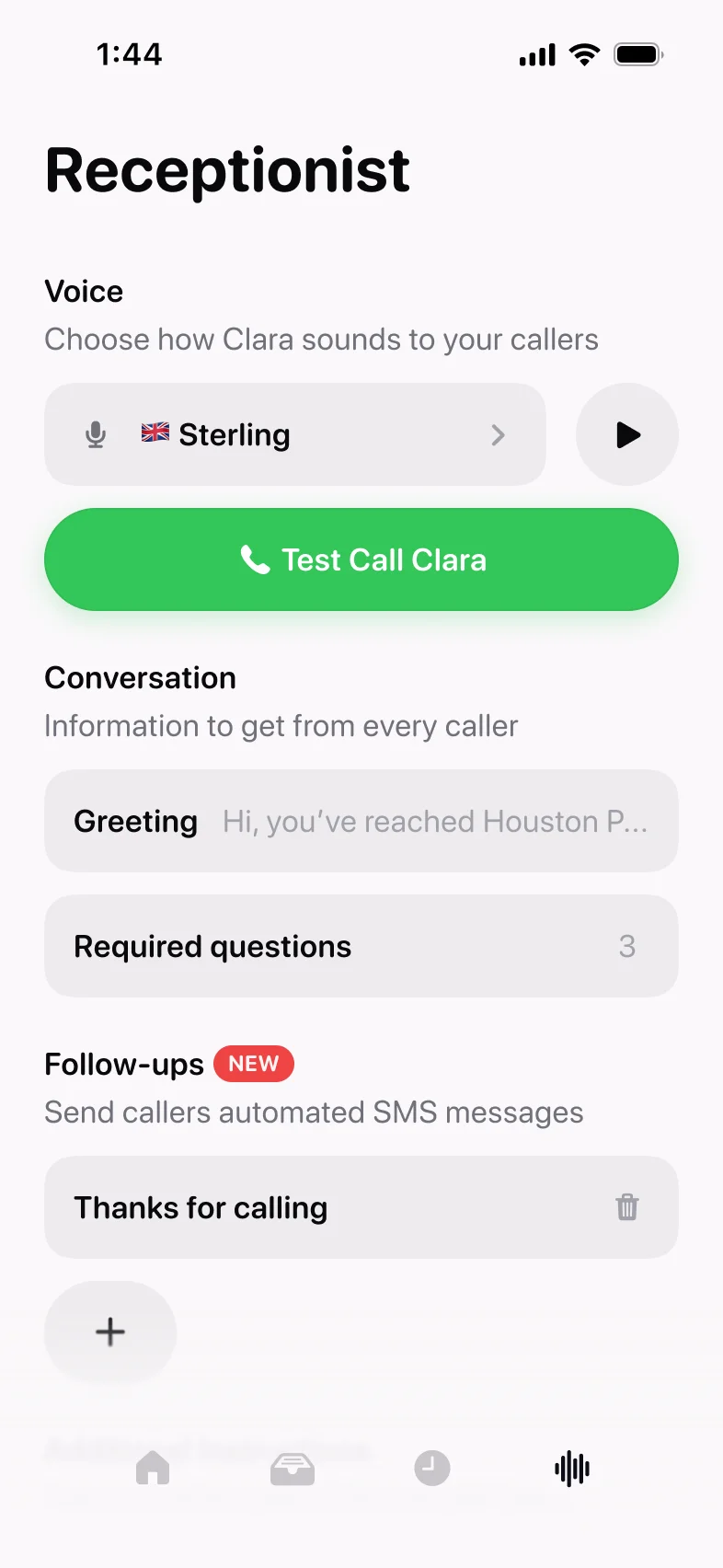 The Receptionist tab with the Follow-ups section and the add button